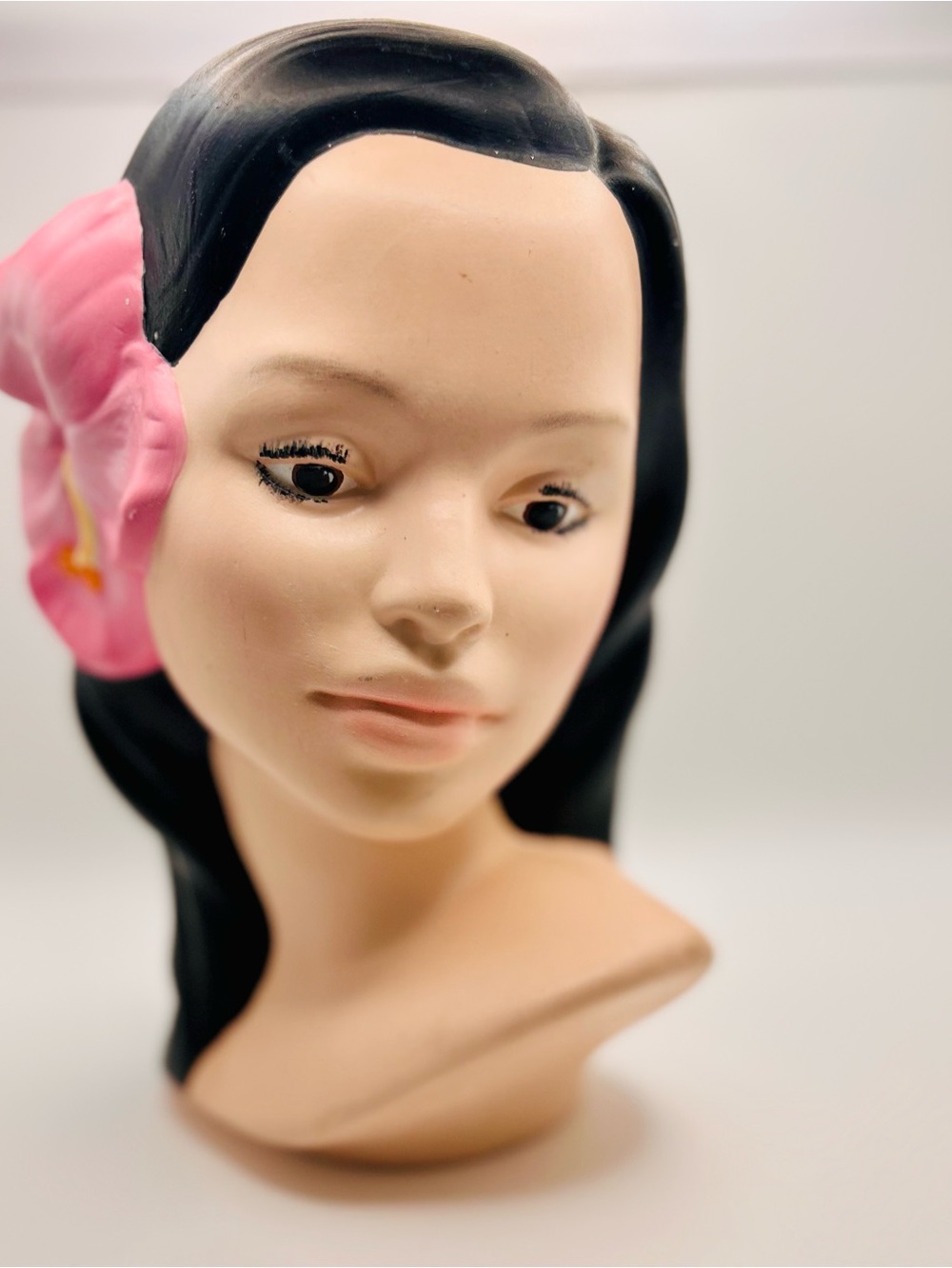Vintage Ceramic Female Bust with Pink Flower